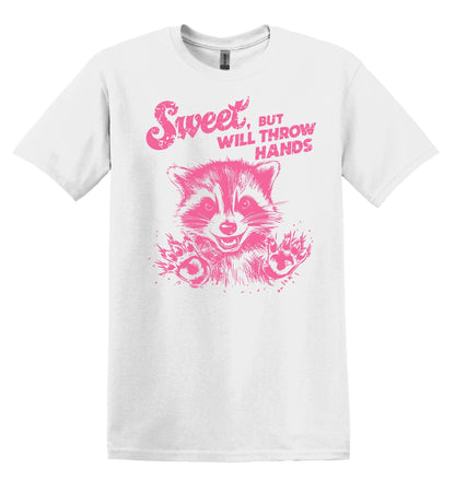 Sweet But Will Throw Hands Raccoon Pink Shirt Graphic Shirt Retro Adult Shirt Vintage T-Shirt Cotton Tee Meme Shirt Trendy Shirt Funny Gift