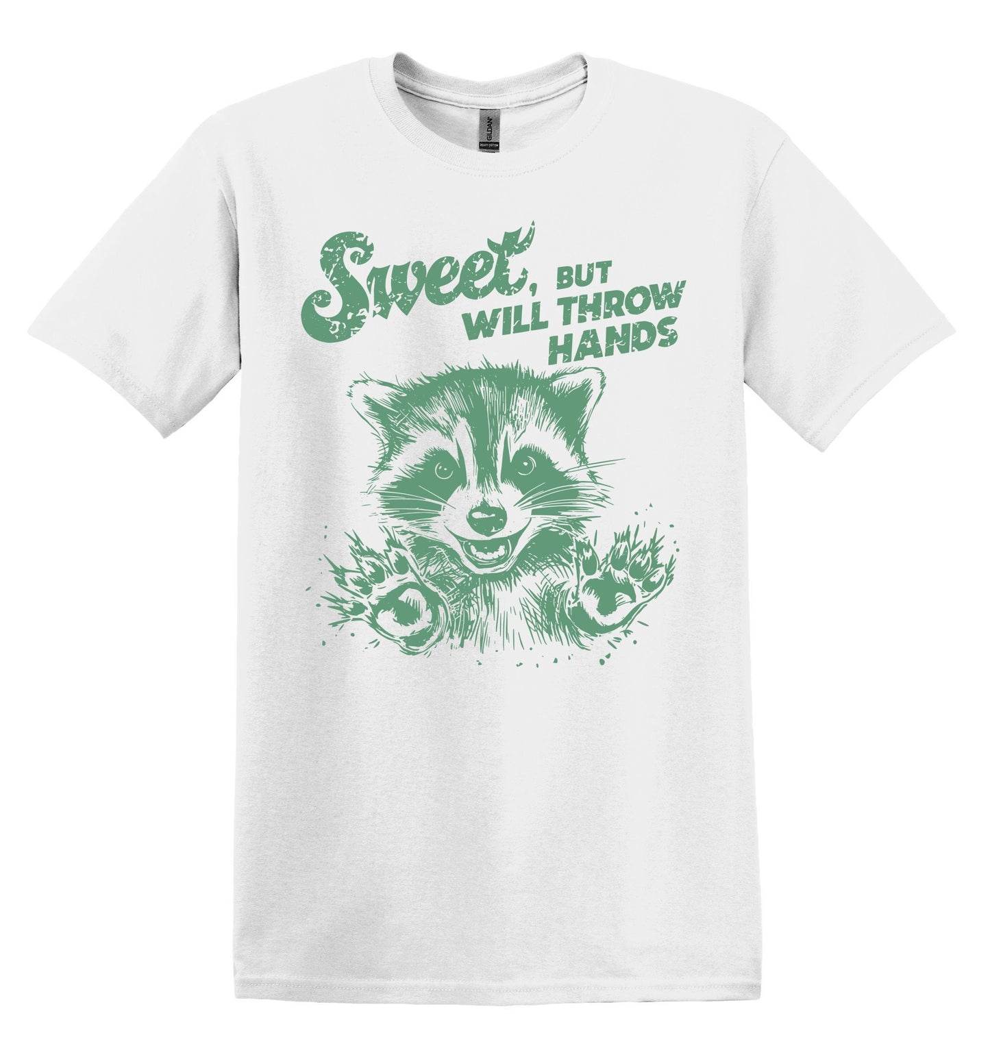 Sweet But Will Throw Hands Raccoon Green Shirt Graphic Shirt Retro Adult Shirt Vintage T-Shirt Cotton Tee Meme Shirt Trendy Shirt Funny Gift