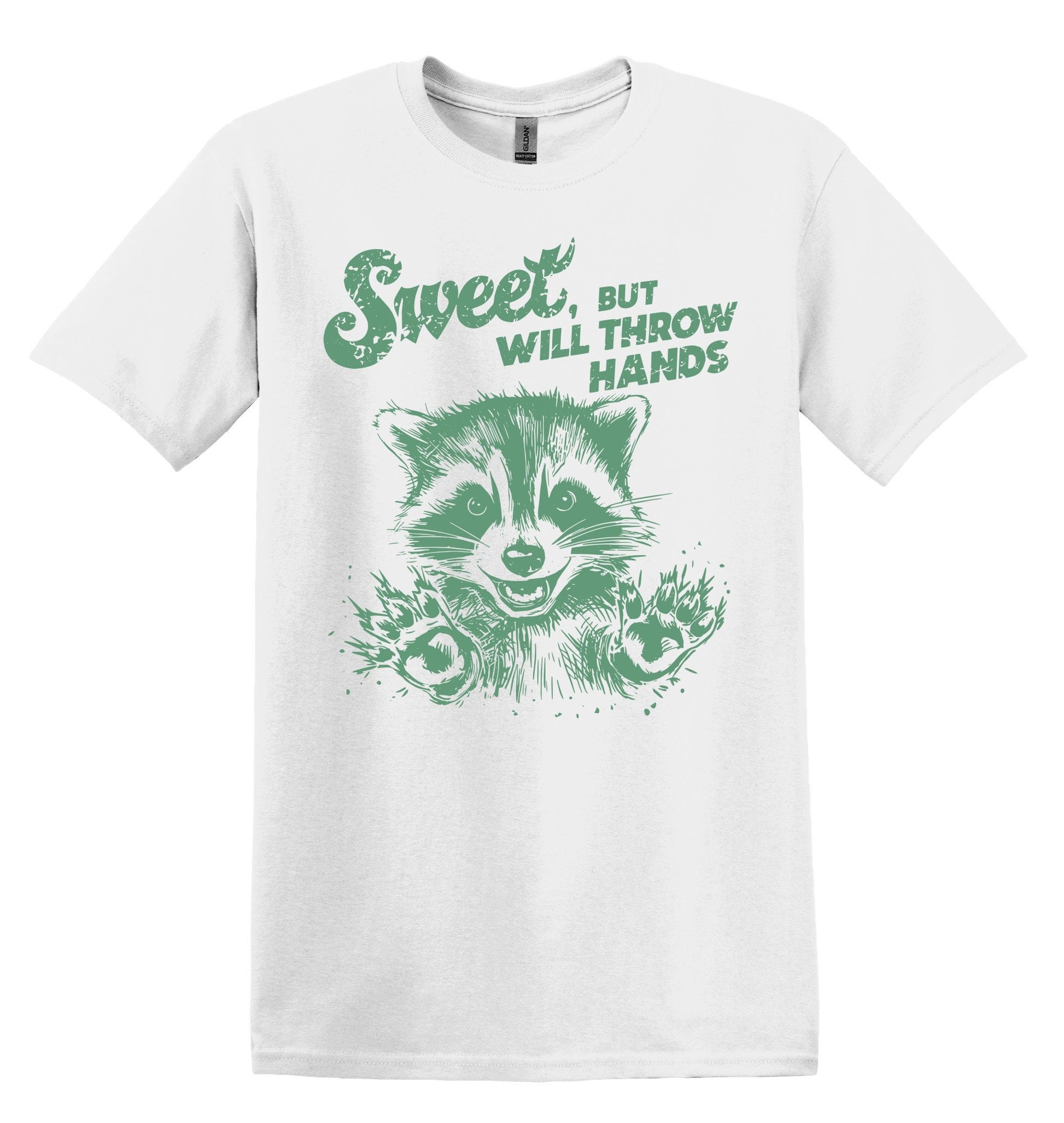 Sweet But Will Throw Hands Raccoon Green Shirt Graphic Shirt Retro Adult Shirt Vintage T-Shirt Cotton Tee Meme Shirt Trendy Shirt Funny Gift