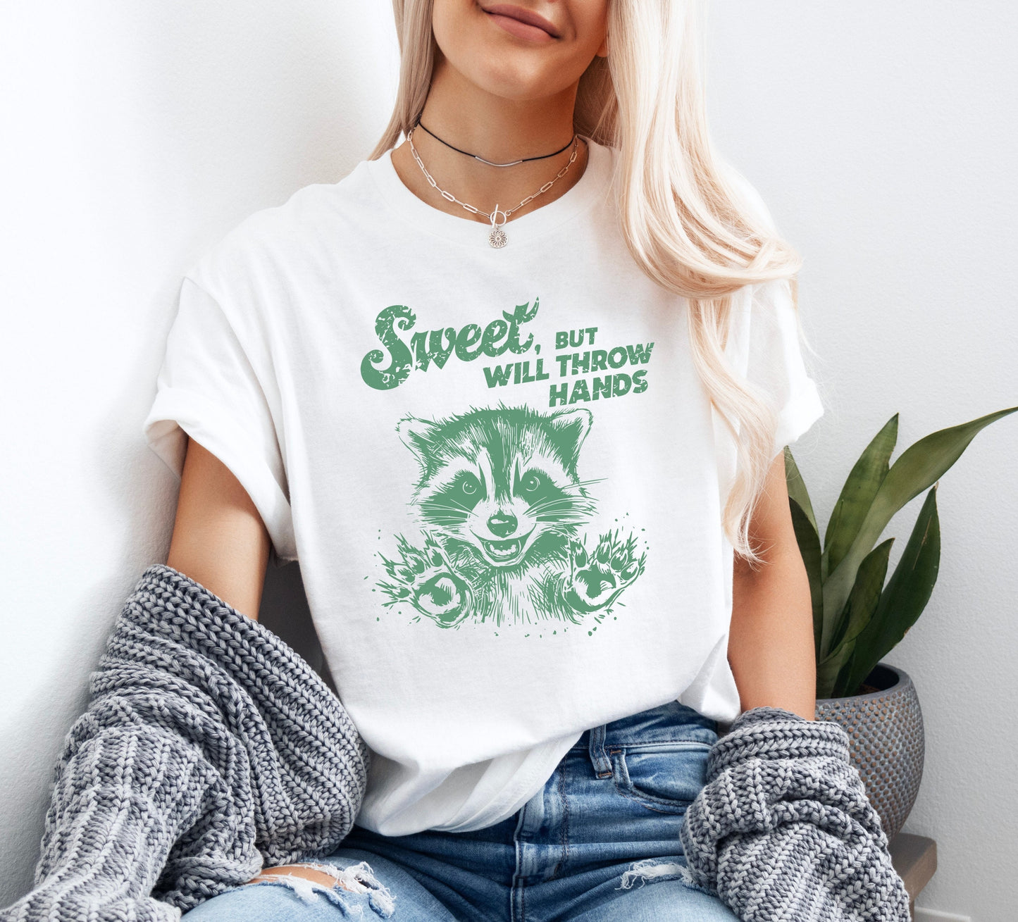 Sweet But Will Throw Hands Raccoon Green Shirt Graphic Shirt Retro Adult Shirt Vintage T-Shirt Cotton Tee Meme Shirt Trendy Shirt Funny Gift