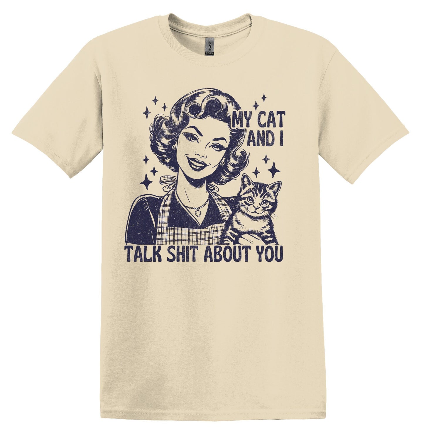 My Cat and I Talk Sh*t About You Blue Graphic Shirt Retro Adult Shirt Vintage T-Shirt Cotton Tee Meme Shirt Trendy T-Shirt Funny Gift