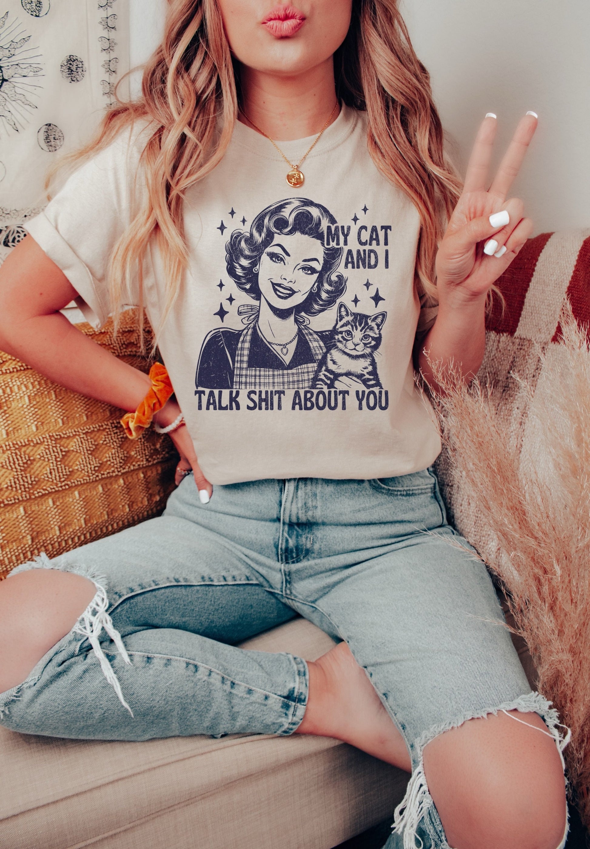 My Cat and I Talk Sh*t About You Blue Graphic Shirt Retro Adult Shirt Vintage T-Shirt Cotton Tee Meme Shirt Trendy T-Shirt Funny Gift