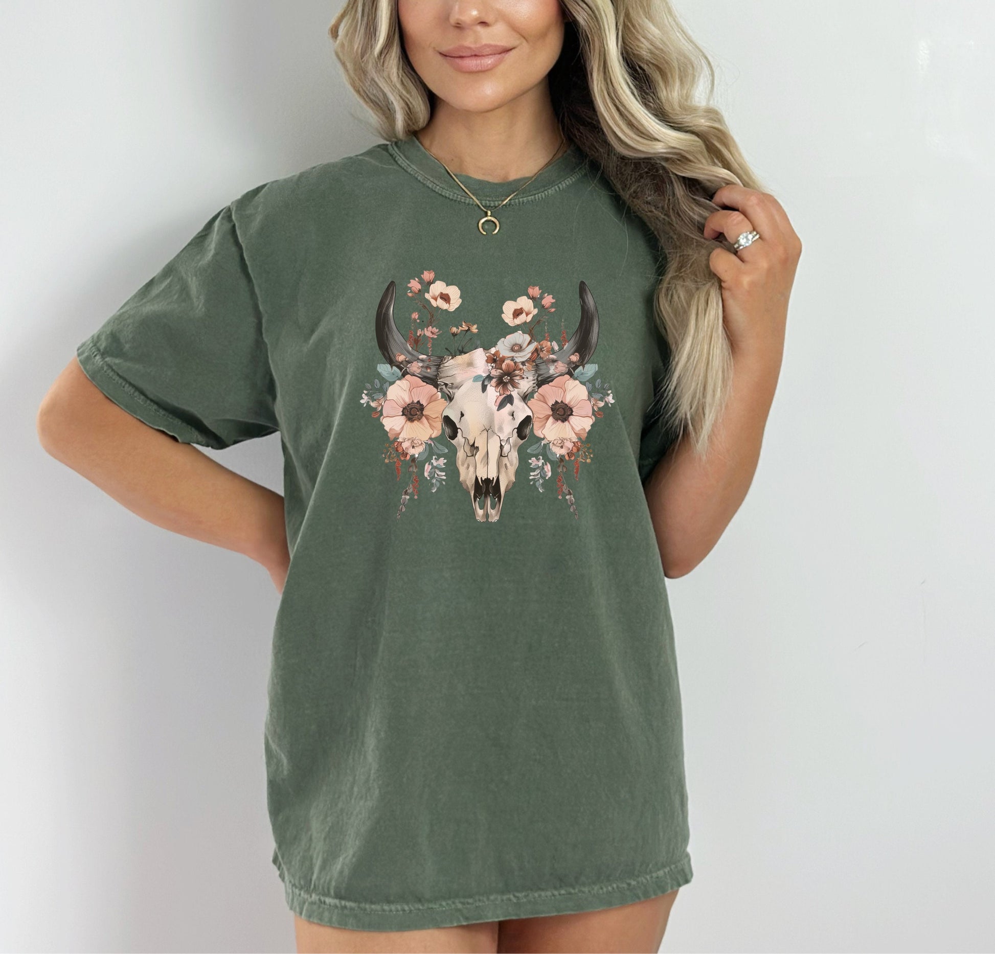 Pastel Boho Cow SKull Florals Tshirt, Flower Shirt, Cow Skull Shirt, Flower Lover Shirt, Boho Shirt, Floral Tshirt, Nature Shirt