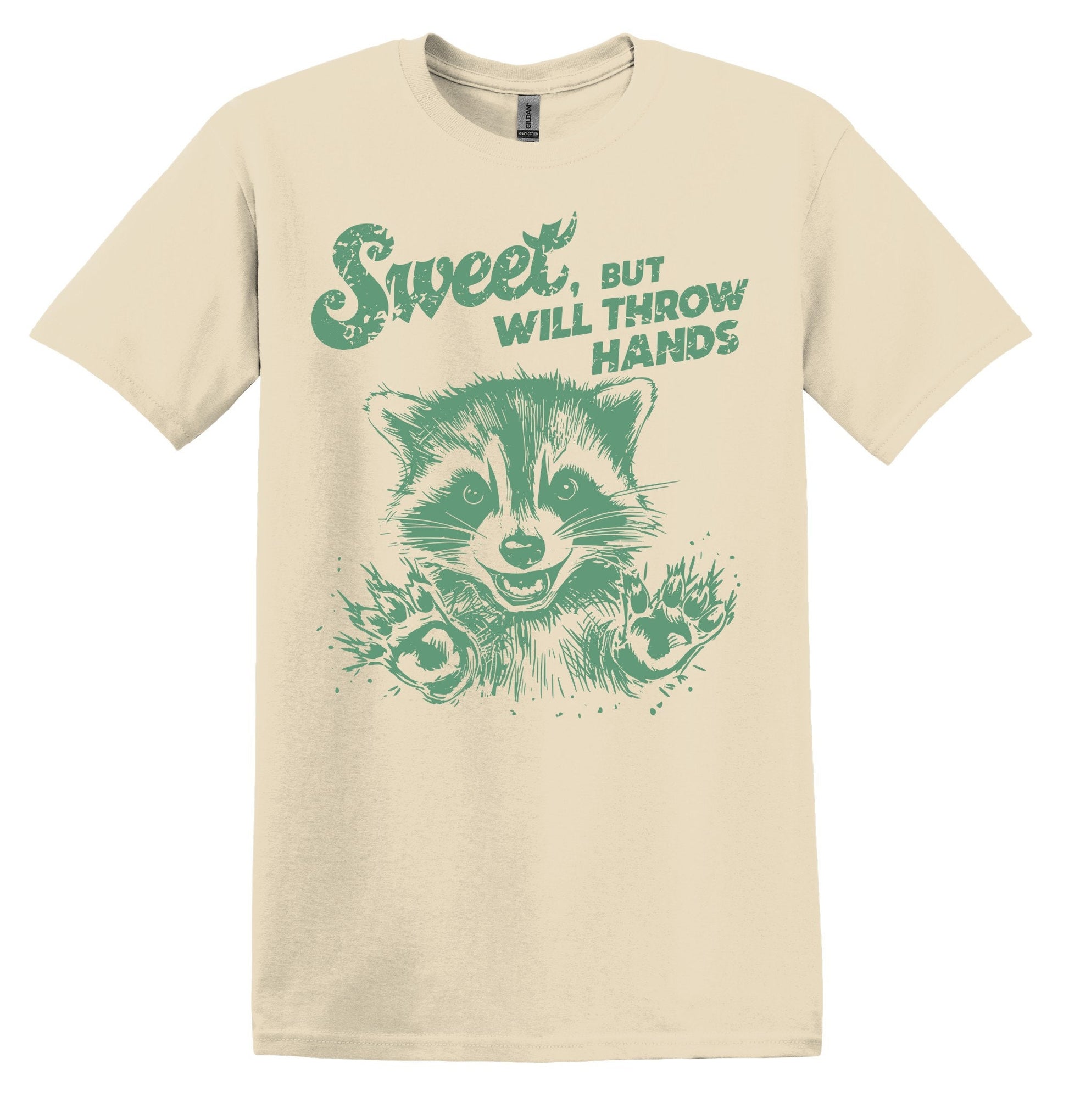 Sweet But Will Throw Hands Raccoon Green Shirt Graphic Shirt Retro Adult Shirt Vintage T-Shirt Cotton Tee Meme Shirt Trendy Shirt Funny Gift