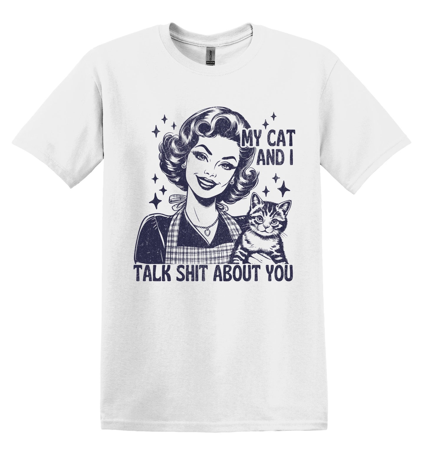 My Cat and I Talk Sh*t About You Blue Graphic Shirt Retro Adult Shirt Vintage T-Shirt Cotton Tee Meme Shirt Trendy T-Shirt Funny Gift