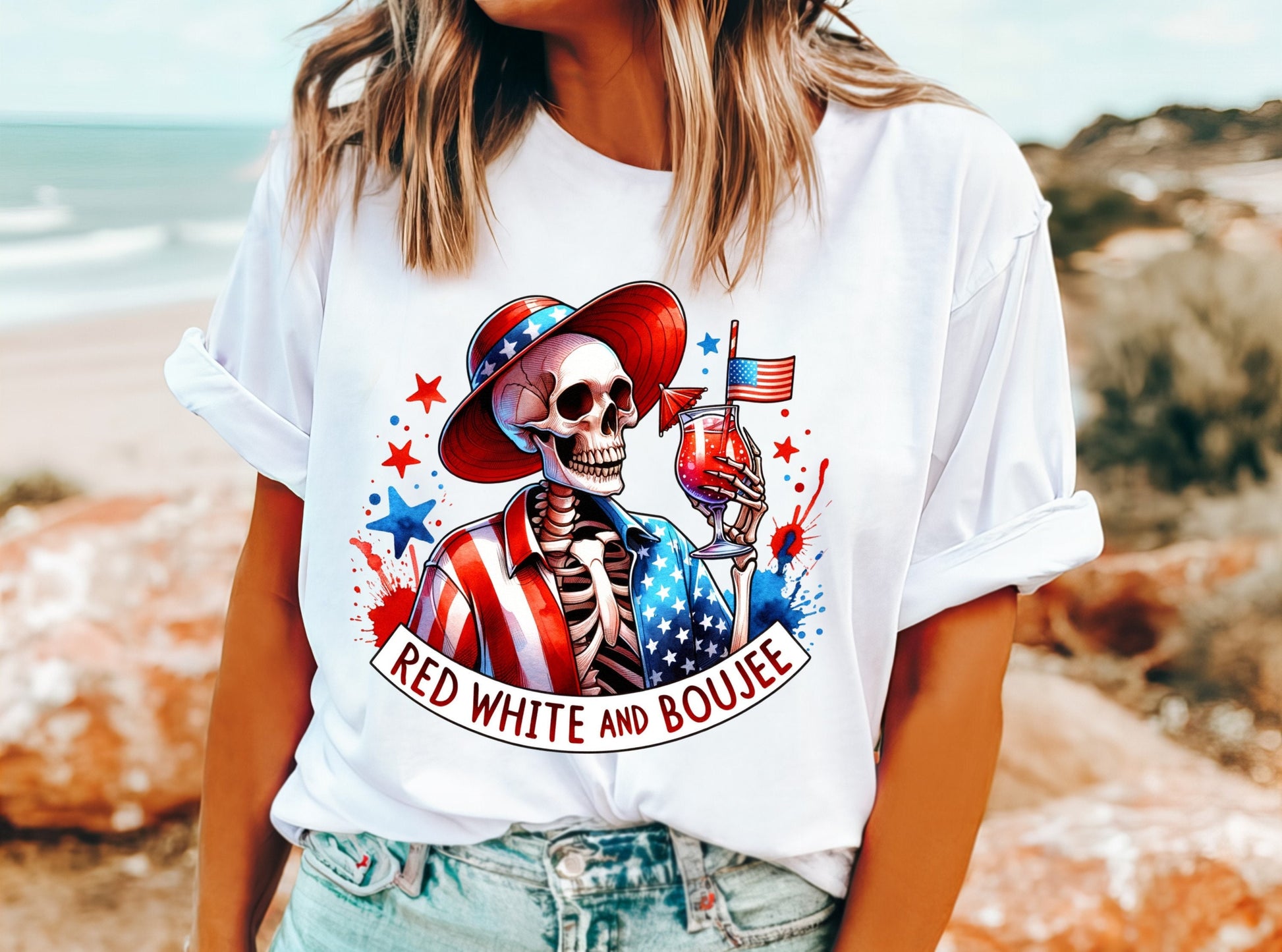 Red White and Boujee Skeleton Shirt 4th of July - Patriotic BBQ Tee