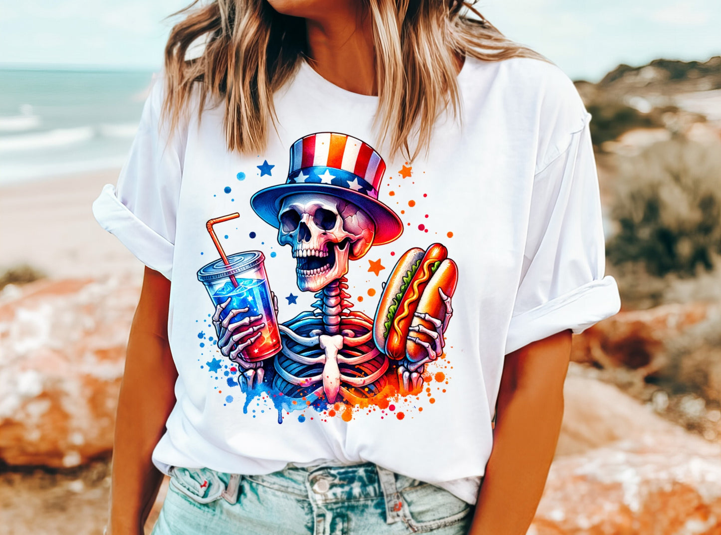 Skeleton Hot Dog Shirt 4th of July - Patriotic BBQ Tee