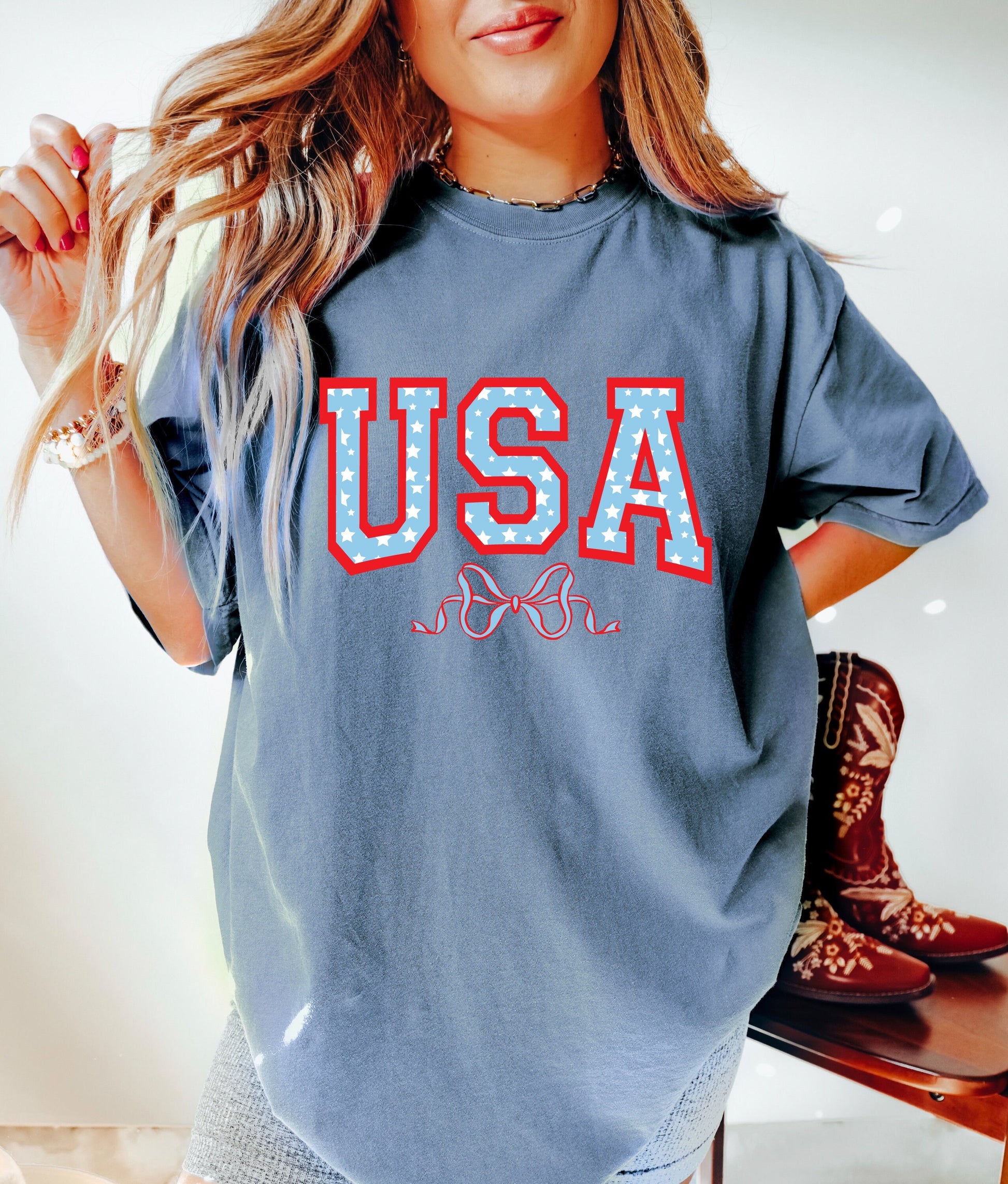 USA Coquette Bow July 4th Shirt, Coquette 4th of July Shirt, Retro 4th of July Shirt, Comfort Colors® Shirt, Summertime Tee Coquette Girly