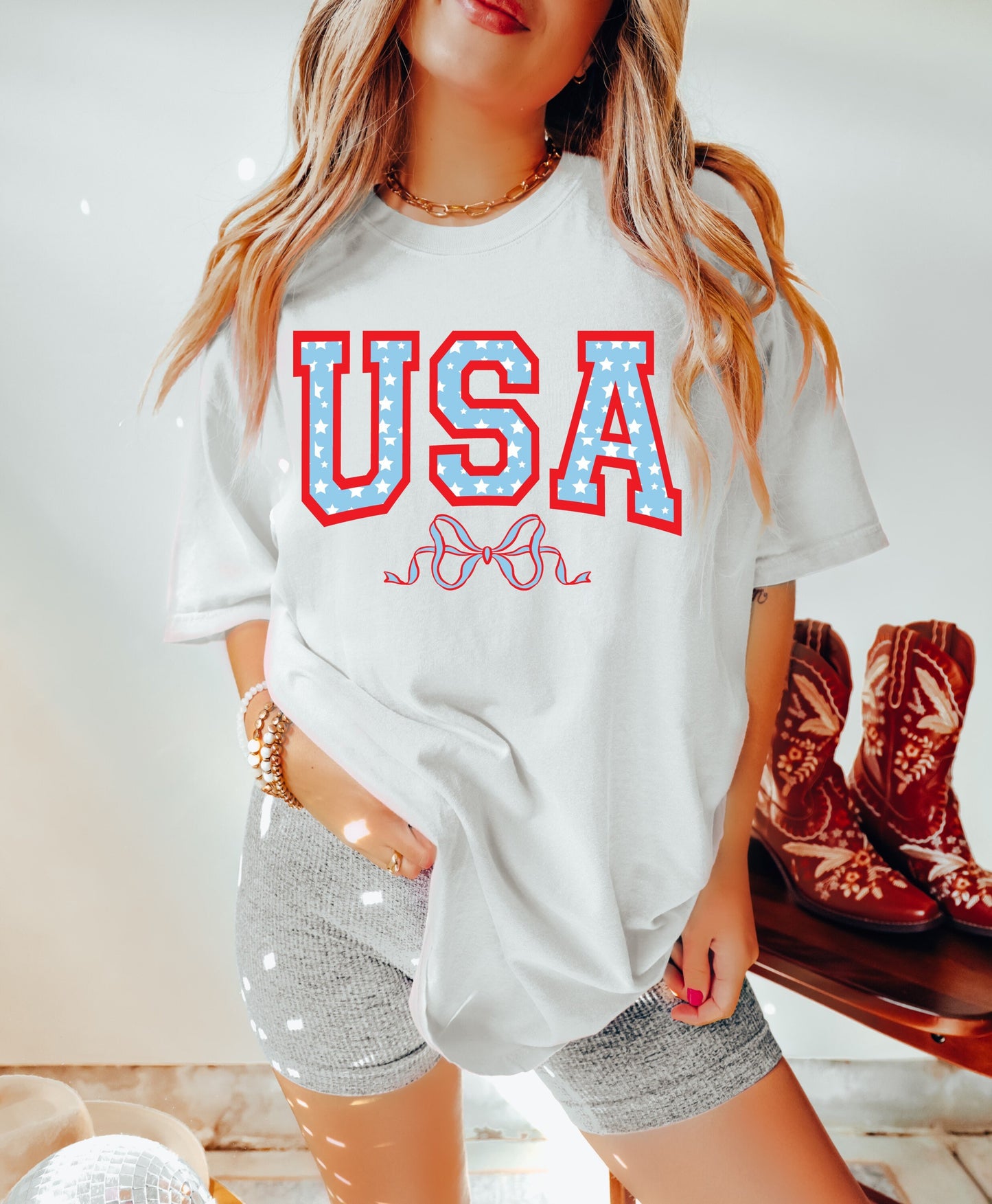 USA Coquette Bow July 4th Shirt, Coquette 4th of July Shirt, Retro 4th of July Shirt, Comfort Colors® Shirt, Summertime Tee Coquette Girly