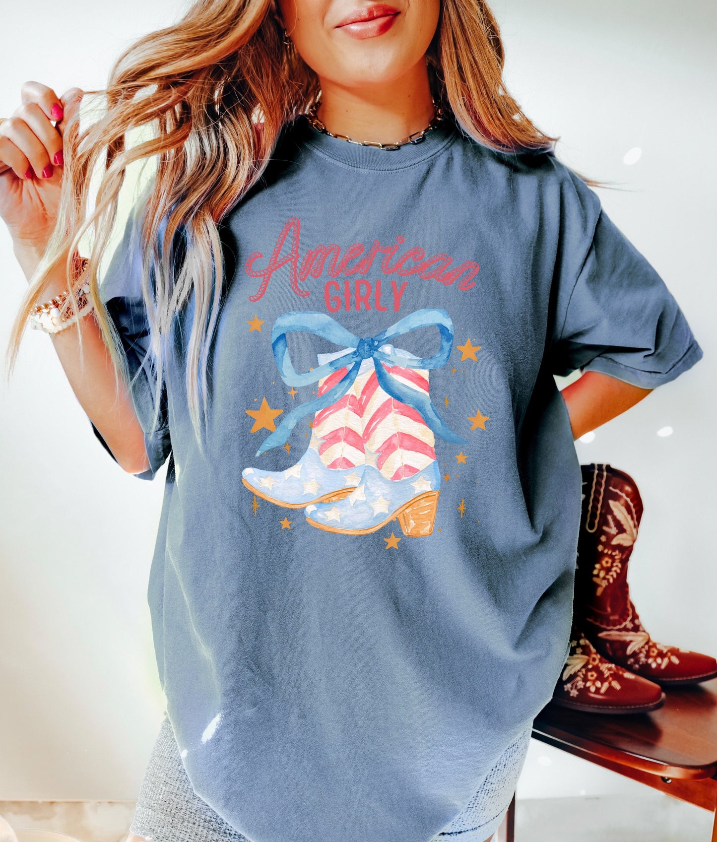 American Girly Boots July 4th Shirt, Coquette 4th of July Shirt, Retro 4th of July Shirt, Comfort Colors Tee, Summer Tee, Coquette Cowgirl