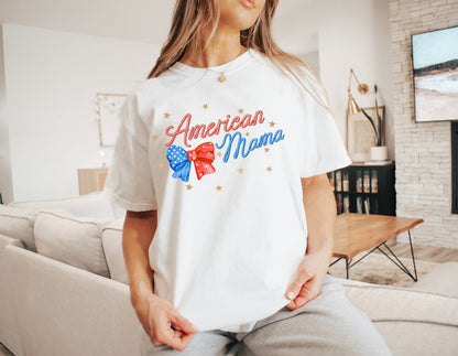 American Mama July 4th Shirt, Coquette Bow 4th of July Shirt, USA Shirt, Retro 4th of July Shirt, Coquette Mama T-Shirt, Summertime Tee