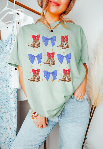 Coquette Bows Cowgirl July 4th Shirt, Cowgirl 4th of July Shirt, USA Shirt, Retro 4th of July Shirt, Western Girl T-Shirt, Summertime Tee