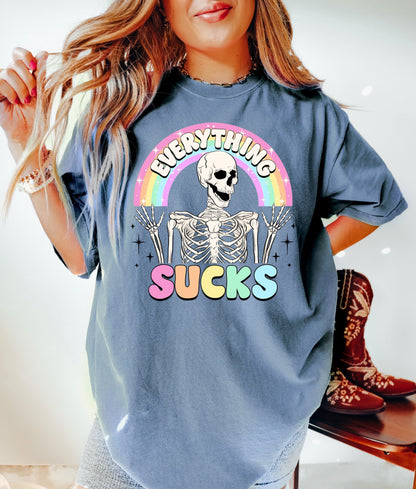 Everything Sucks Skeleton Shirt, Rainbow Skeleton Shirt, Oversized T-Shirt, Trendy Tee, Comfort Colors Shirt