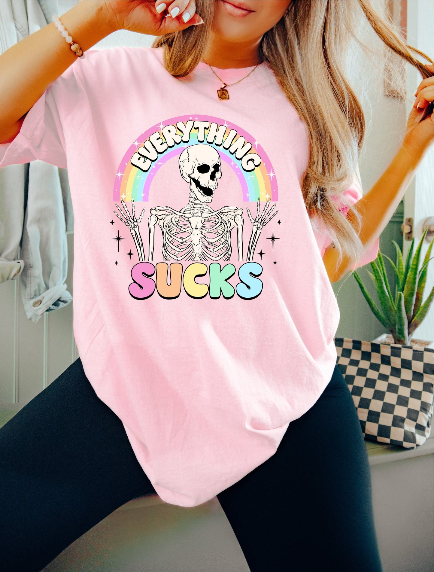 Everything Sucks Skeleton Shirt, Rainbow Skeleton Shirt, Oversized T-Shirt, Trendy Tee, Comfort Colors Shirt