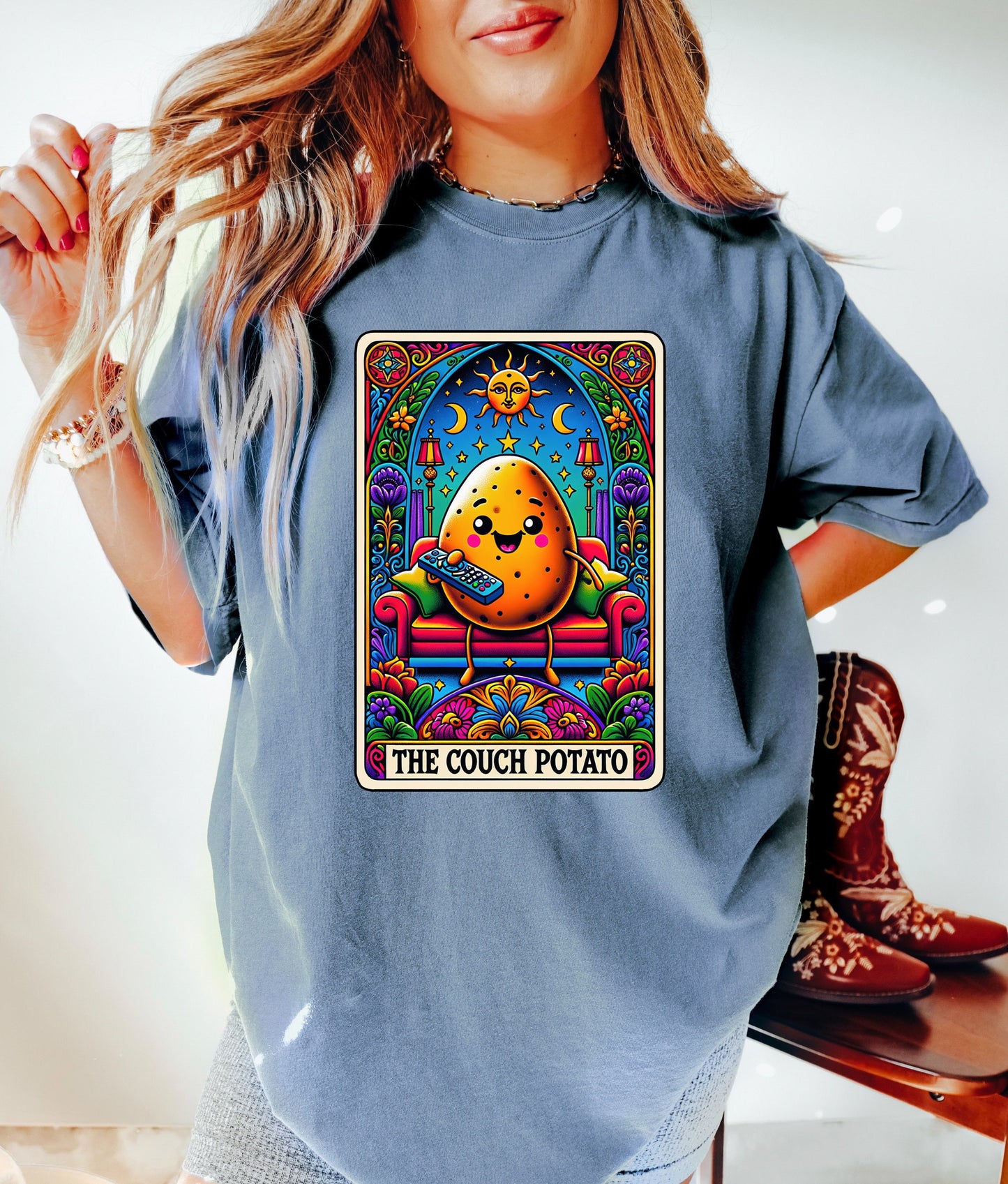 The Couch Potato Shirt Funny Gift Unisex Shirt Gift for Her Retro Tshirt Vintage Graphic Tee Shirt Skeleton TShirt Funny Tarot Card Shirt