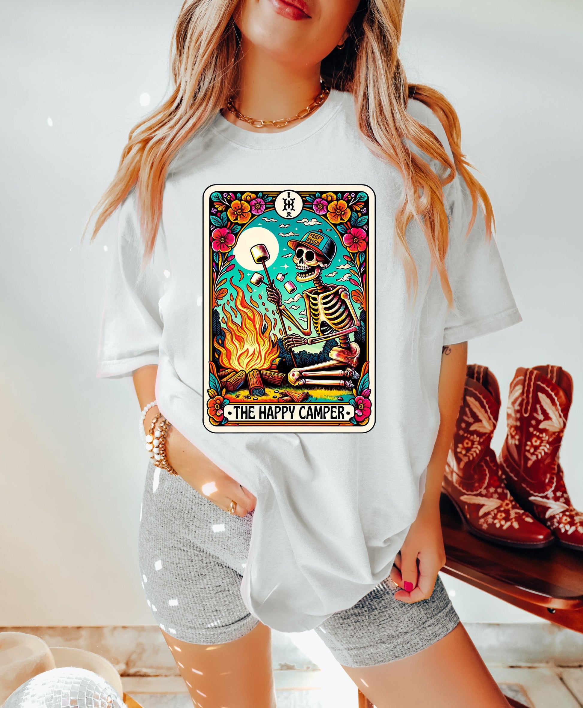 The Happy Camper Shirt Funny Gift Unisex Shirt Gift for Her Retro Shirt Vintage Graphic Tee Shirt Skeleton TShirt Funny Tarot Card Shirt