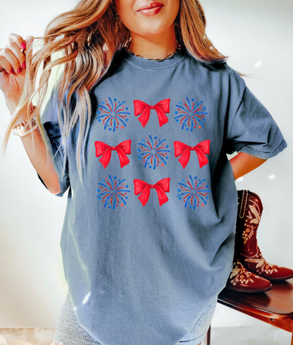 July 4th Shirt, Coquette 4th of July Shirt, USA Shirt, Retro 4th of July Shirt, Comfort Colors® Shirt, Summertime Tee, Fireworks and Bows