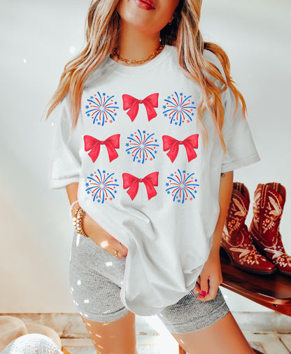 July 4th Shirt, Coquette 4th of July Shirt, USA Shirt, Retro 4th of July Shirt, Comfort Colors® Shirt, Summertime Tee, Fireworks and Bows