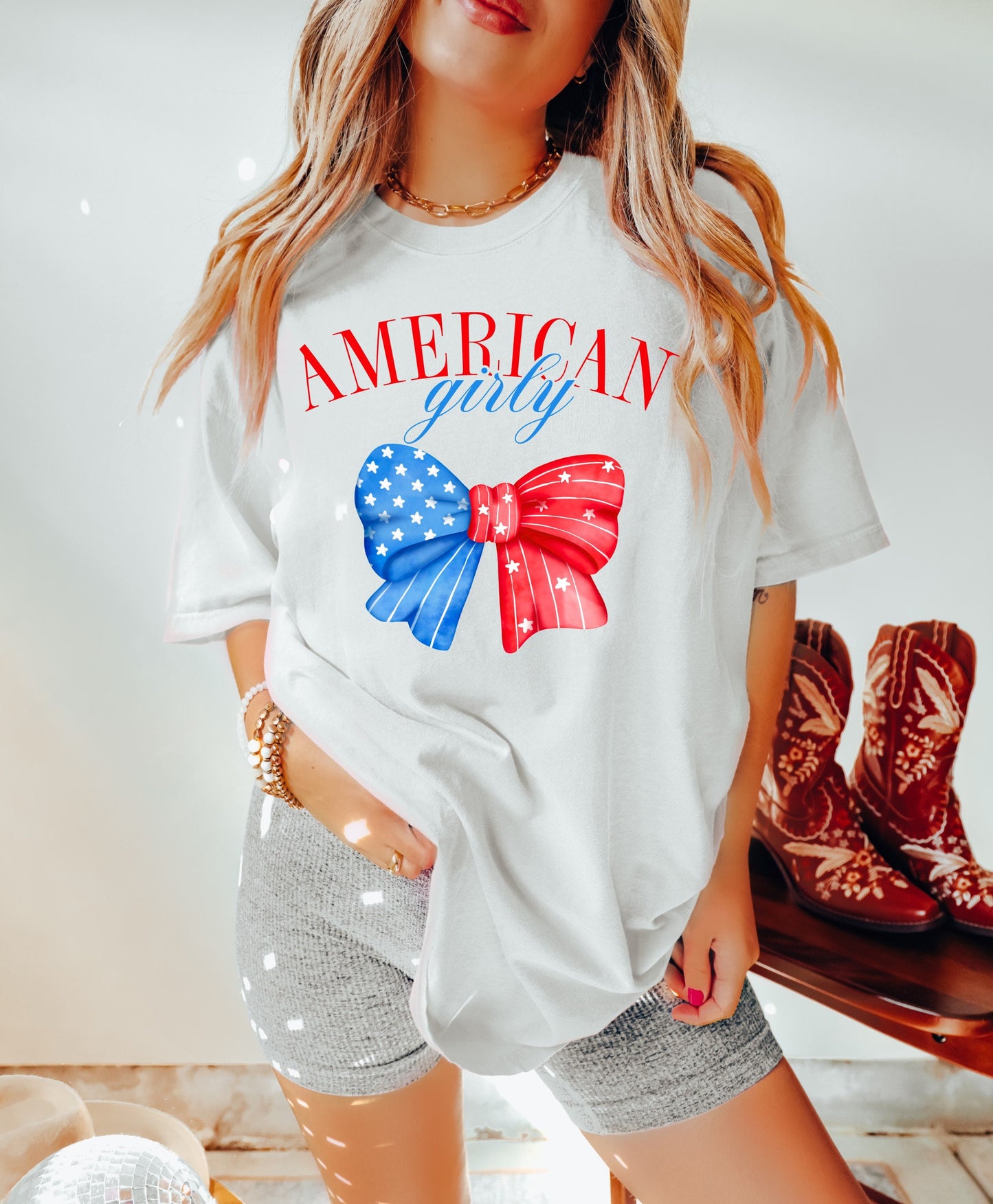 July 4th Shirt, Coquette 4th of July Shirt, USA Shirt, Retro 4th of July Shirt, Comfort Colors Shirt, Summertime Tee, American Girly Big Bow