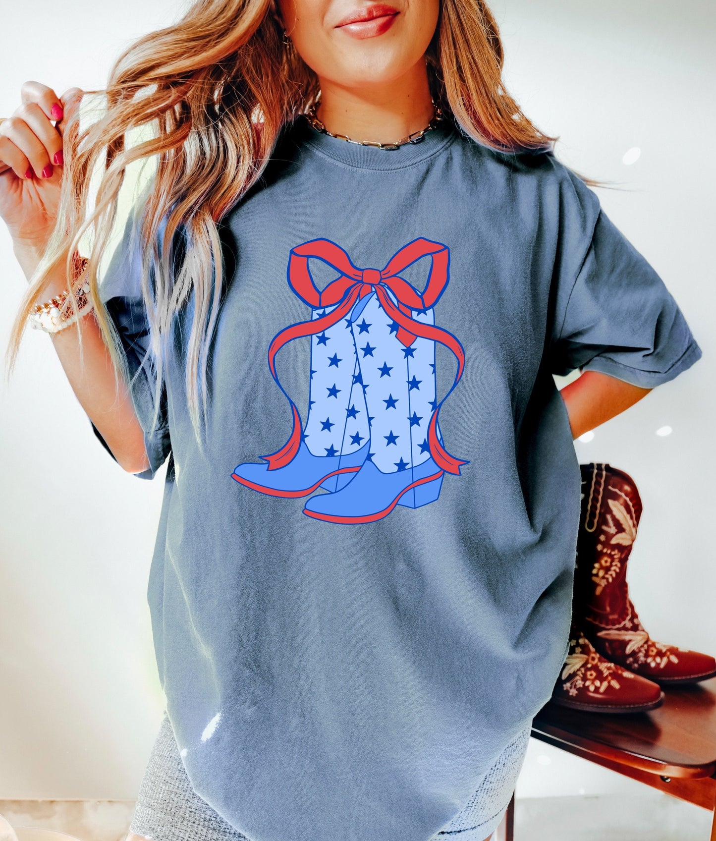 Cowgirl Boots July 4th Shirt, Coquette 4th of July Shirt, Retro 4th of July Shirt, Comfort Colors® Shirt, Summertime Tee, Coquette Cowgirl