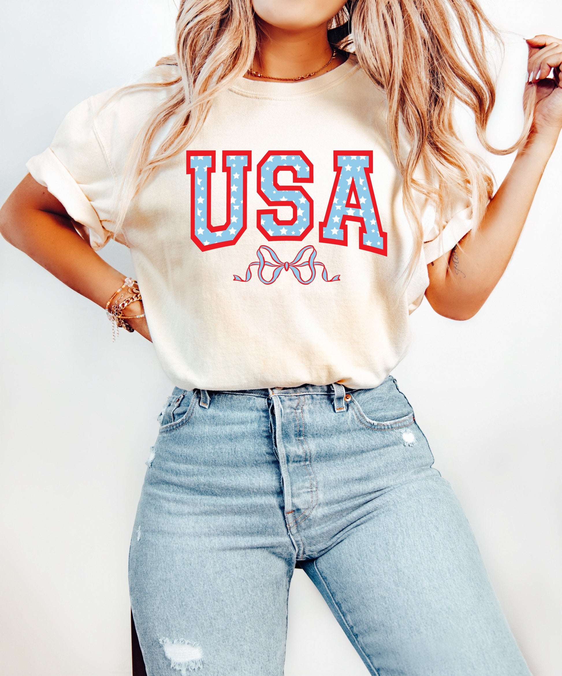 USA Coquette Bow July 4th Shirt, Coquette 4th of July Shirt, Retro 4th of July Shirt, Comfort Colors® Shirt, Summertime Tee Coquette Girly