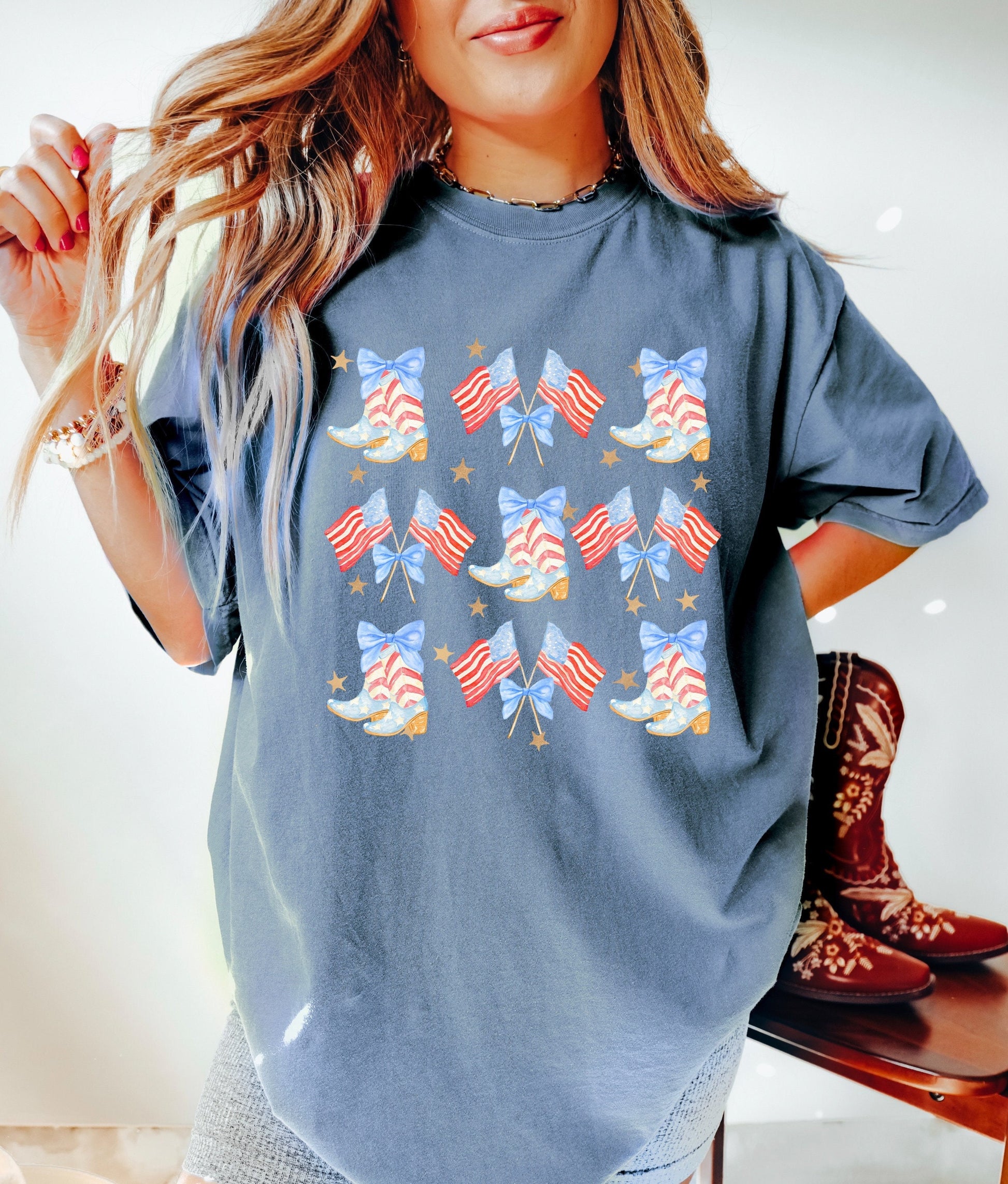 Cowgirl Boots and Bows Shirt, Coquette 4th of July Shirt, Retro July 4th Shirt, Comfort Colors® Shirt, Summertime Tee, Coquette Cowgirl