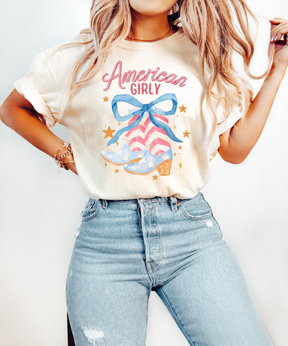 American Girly Boots July 4th Shirt, Coquette 4th of July Shirt, Retro 4th of July Shirt, Comfort Colors Tee, Summer Tee, Coquette Cowgirl