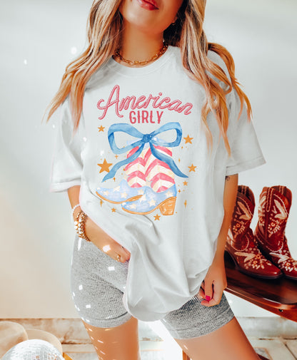 American Girly Boots July 4th Shirt, Coquette 4th of July Shirt, Retro 4th of July Shirt, Comfort Colors Tee, Summer Tee, Coquette Cowgirl