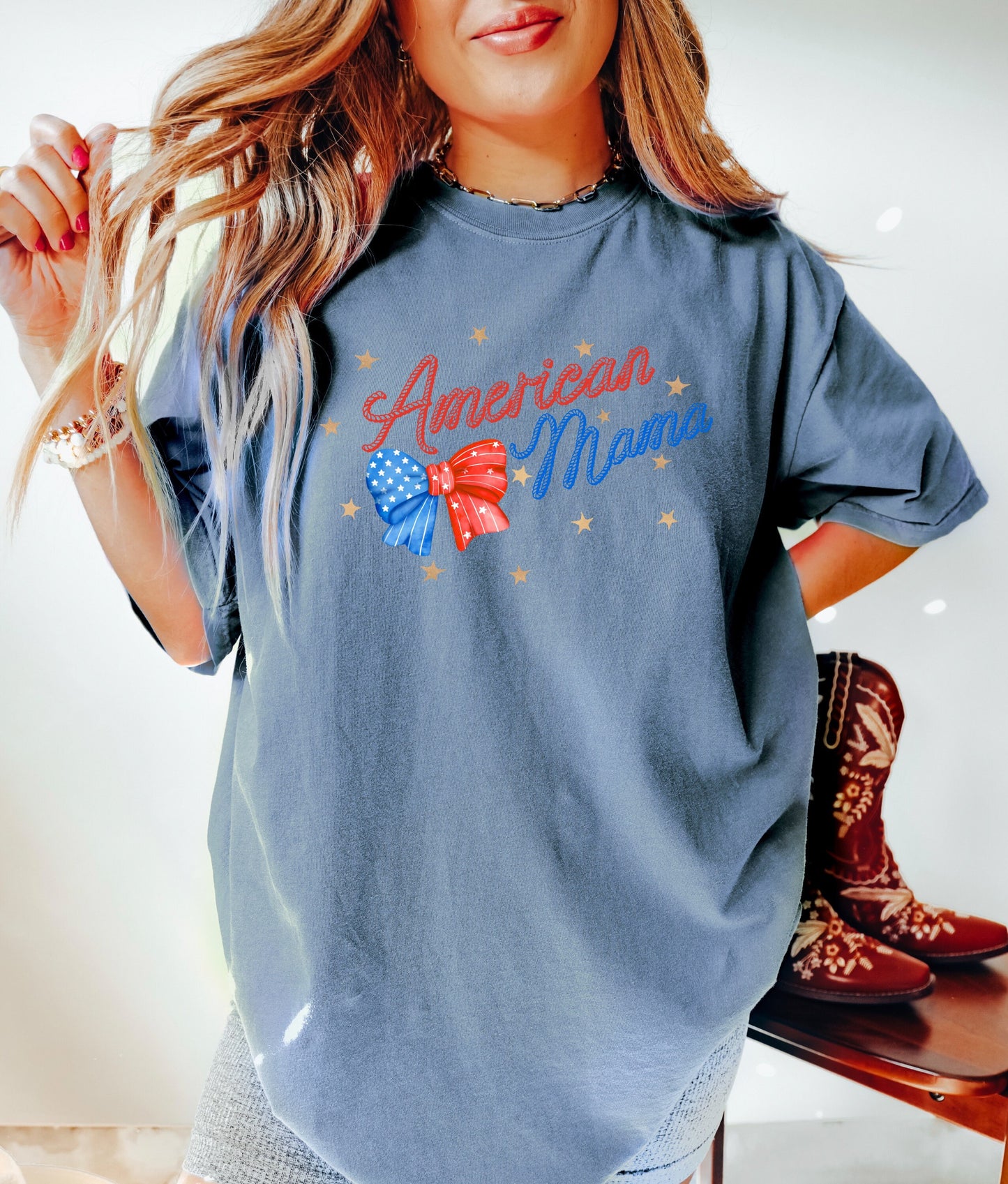 American Mama July 4th Shirt, Coquette Bow 4th of July Shirt, USA Shirt, Retro 4th of July Shirt, Coquette Mama T-Shirt, Summertime Tee