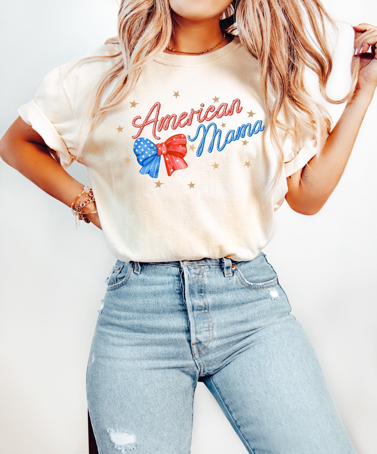 American Mama July 4th Shirt, Coquette Bow 4th of July Shirt, USA Shirt, Retro 4th of July Shirt, Coquette Mama T-Shirt, Summertime Tee