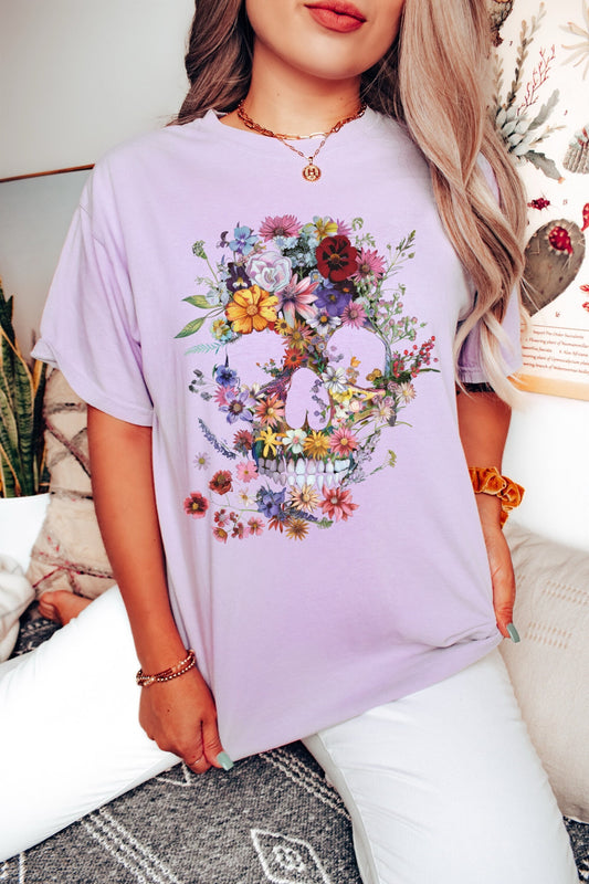 Floral Skull Purples Wildflowers Shirt Garden Lover Shirt Flower Lover Shirt Wild Flowers Shirt Floral Shirt