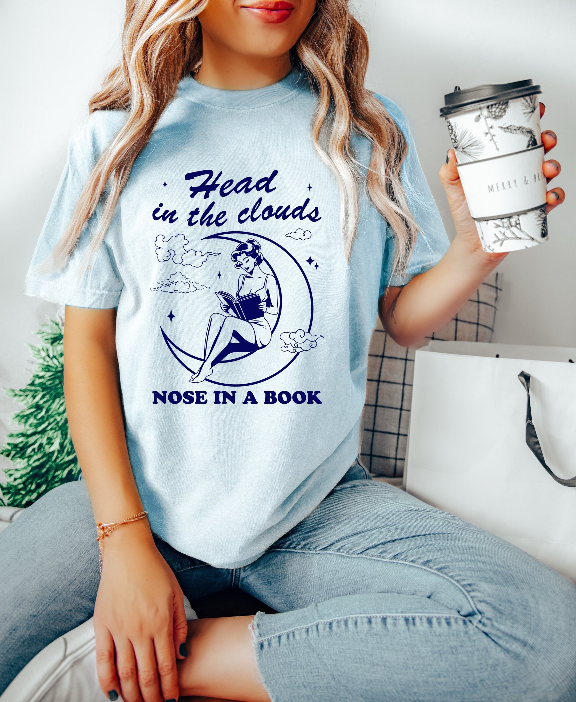 Head in the Clouds Nose in a Book TShirt Book Lover Shirt Book TShirt women Reading Shirts Book Club Shirt Comfort Colors