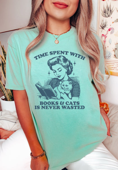 Book shirt Book Lover Shirt women Reading Shir Book Club shirt for women reading shirt Time Spent with Books and Cats is Never Wasted Shirt