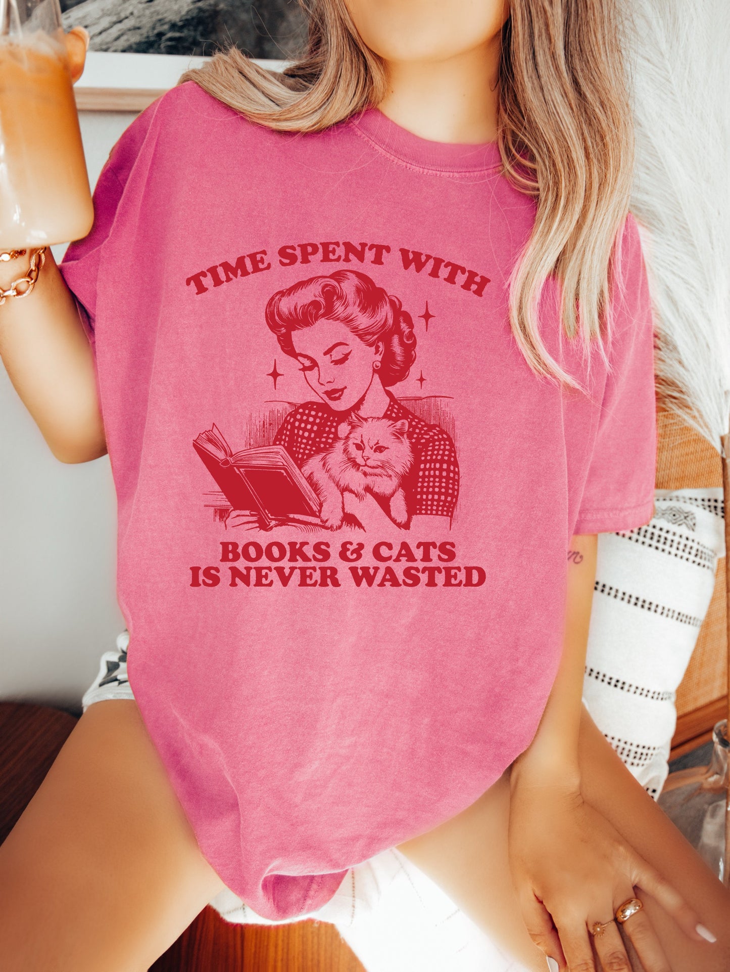 Book shirt Book Lover Shirt women Reading Shir Book Club shirt for women reading shirt Time Spent with Books and Cats is Never Wasted Shirt