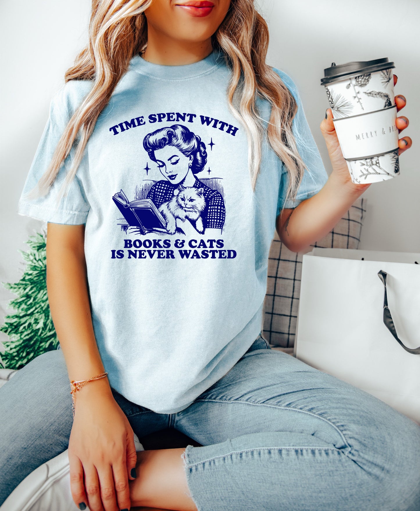 Book shirt Book Lover Shirt women Reading Shir Book Club shirt for women reading shirt Time Spent with Books and Cats is Never Wasted Shirt