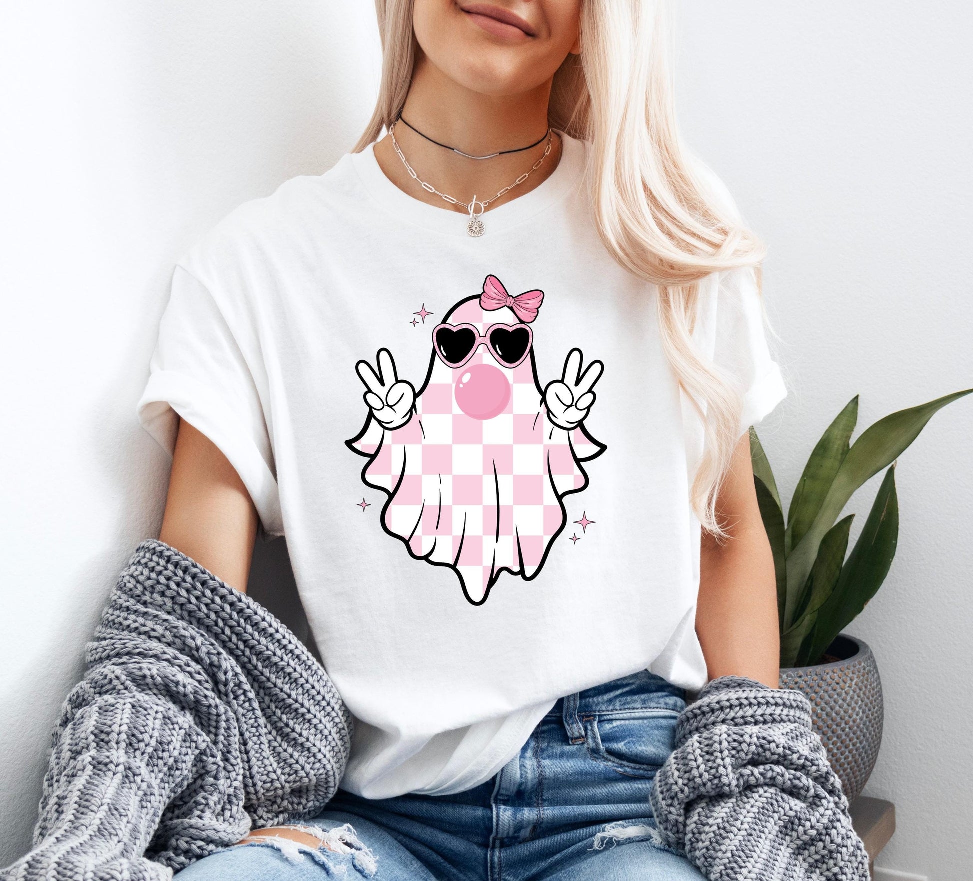 Bubble Gum Checkered Ghost Halloween Shirt, Halloween Shirt, Gift for Her, Ghost Cats Halloween Sweatshirt