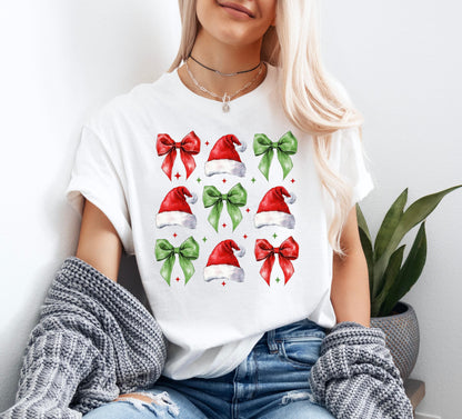 Christmas Santa Hat Coquette Bow Shirt, Cute Christmas T-Shirt, Christmas Shirts, Winter Season Shirt, Retro Christmas Shirt