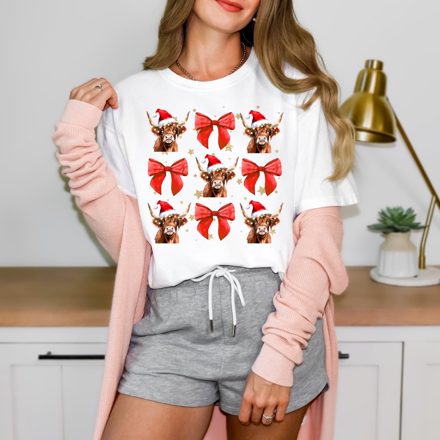 Highland Cow and Coquette Bow Shirt, Cute Christmas T-Shirt, Christmas Shirts, Winter Season Shirt, Retro Christmas Shirt