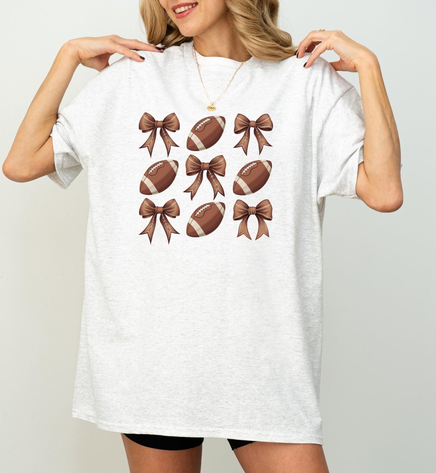 Footballs and Bows Shirt, Football Lover Shirt, Gift for Her, Retro Shirt, Graphic Shirt Sports Shirt, Cute Football Top