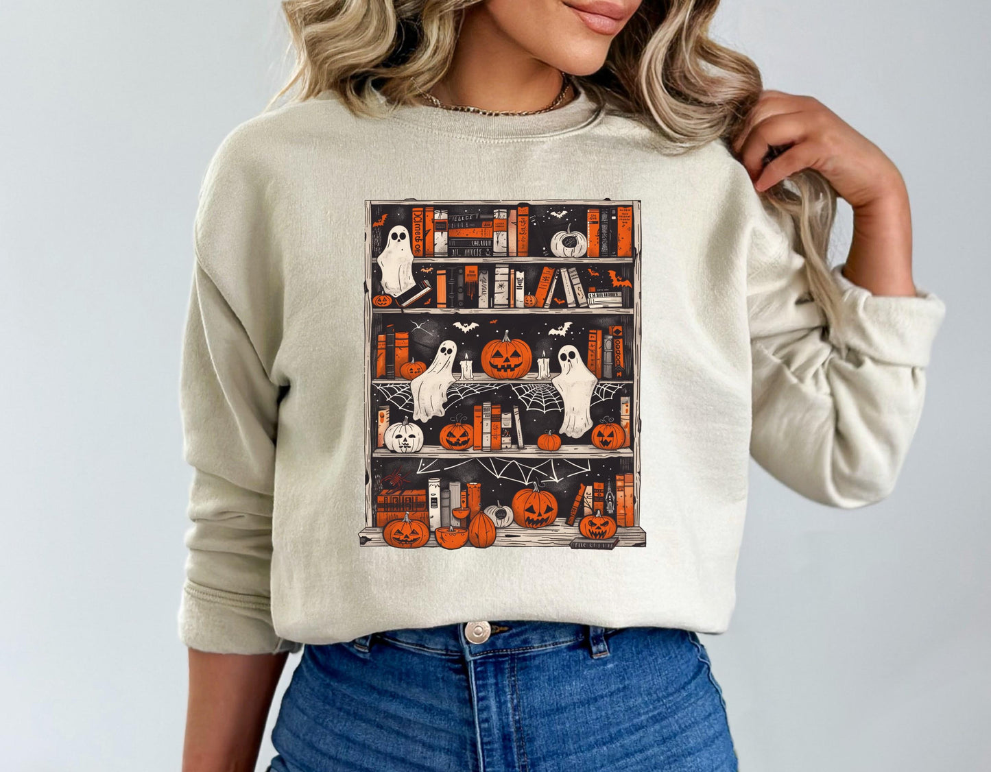 Ghost Book Shelf Sweatshirt, Cute Halloween Sweatshirt, Halloween Shirts, Book Shirt Shirt, Trendy Halloween Sweatshirt