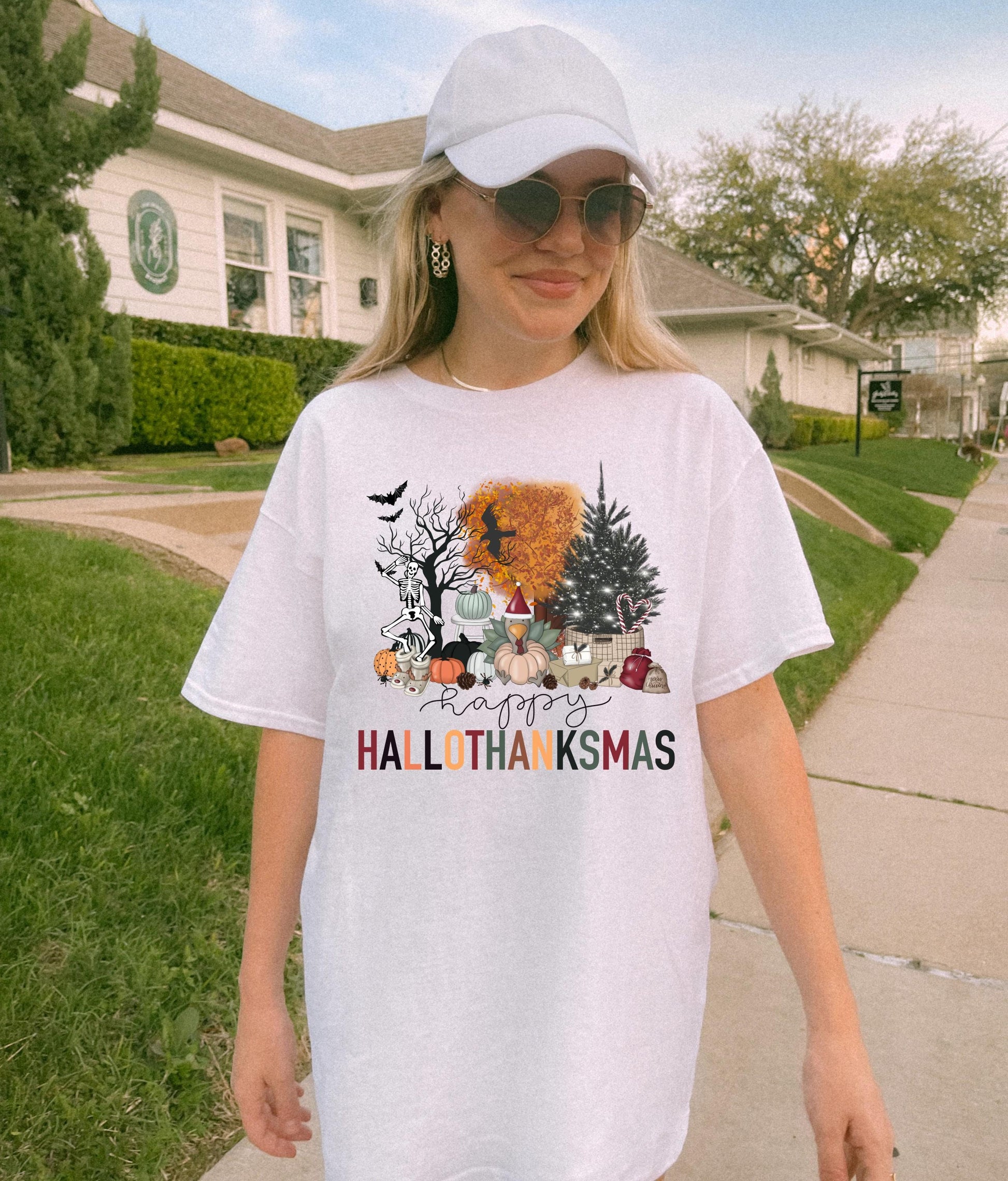 Skeleton Happy HalloThanksMas Halloween Shirt, Halloween Shirt, Gift for Her, Ghost Halloween Shirt