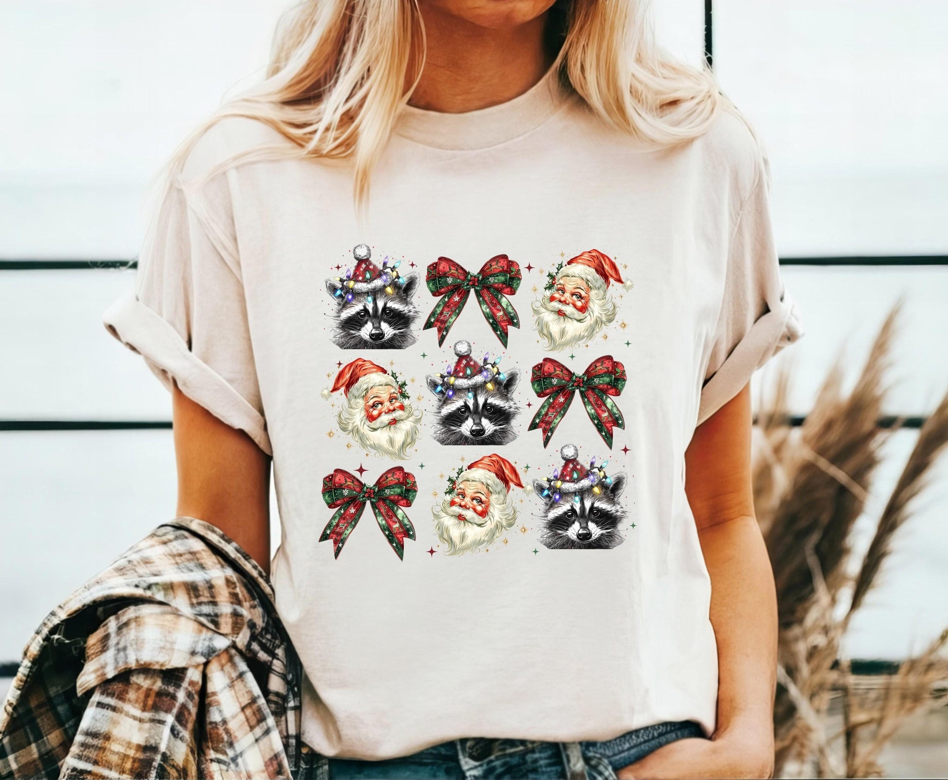 Santa Raccoon Bow Christmas Grid Shirt, Cute Christmas T-Shirt, Christmas Shirts, Winter Season Shirt, Retro Christmas Shirt