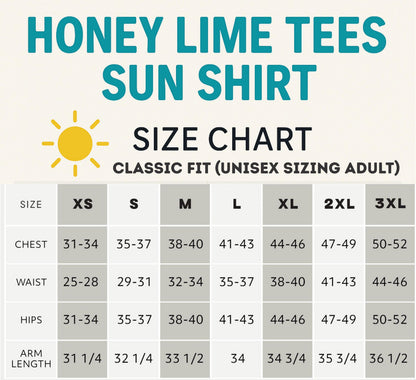 The image is a size chart for a sun shirt, providing measurements for chest, waist, hips, and arm length.