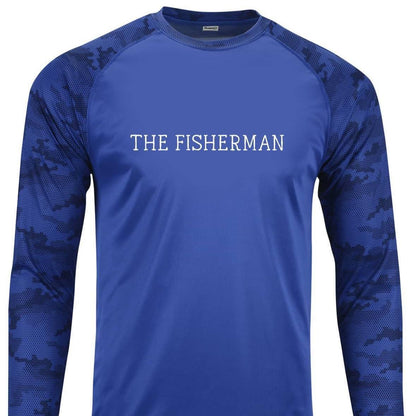 May include: A royal blue long-sleeved shirt with a white camouflage pattern on the sleeves. The shirt has a white crew neck and the words 'THE FISHERMAN' printed in white on the front.