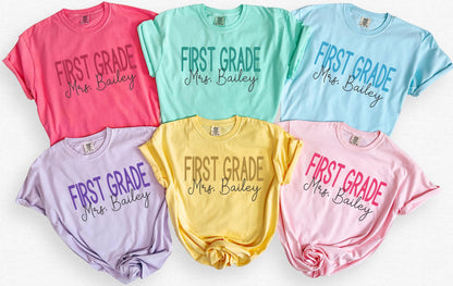 First grade teacher shirt personalized name tee back to school classroom gift grade one teacher top