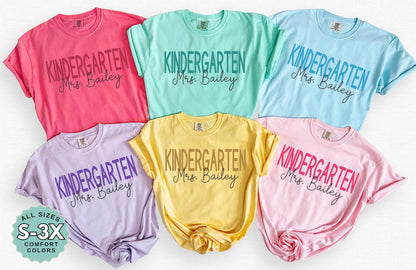 Kindergarten teacher shirt personalized name tee back to school classroom gift grade level top