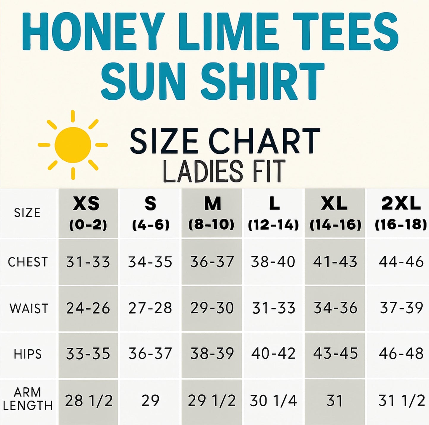 The image is a size chart for a sun shirt, providing measurements for different sizes ranging from XS to 2XL.