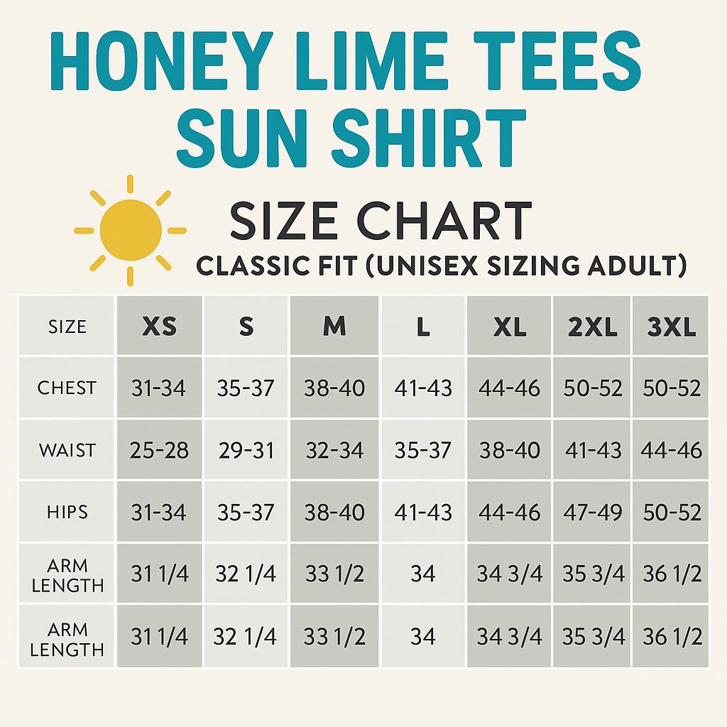 The image is a size chart for a sun shirt, providing measurements for chest, waist, hips, arm length, and legs.