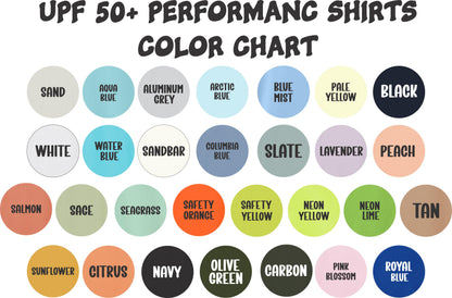 a color chart with various shades of performance shirts, including different colors and styles.