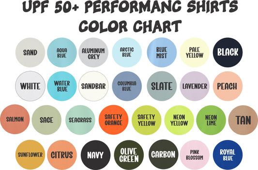 a color chart with various shades of performance shirts, including different colors and styles.